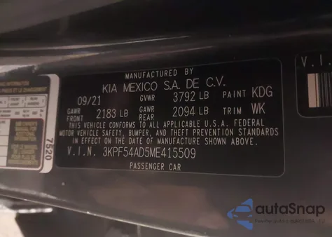 2021 Kia Forte Ex z USA, uszkodzony, nr VIN 3KPF54AD5ME415509